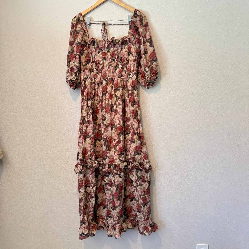 And Now This Floral Smocked Maxi Dress Red Pink Rose Puff Sleeve Size L